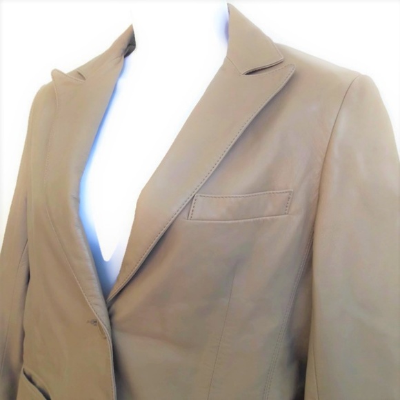Theory Jackets & Blazers - Theory Jacket Blazer Buttery Soft Leather Striped Sleeve Lining Beige Designer M